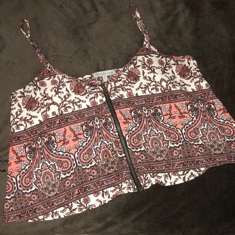 Cropped Floral Flowy Zipper Crop Top (Pink) Small